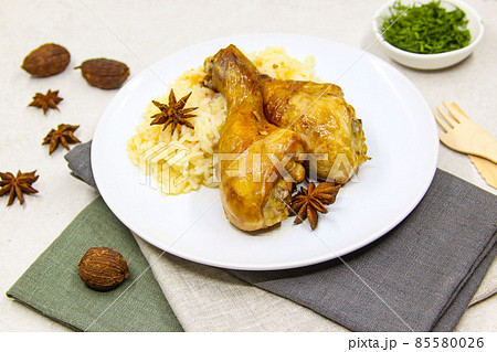 Appetizer chicken biryani in white plate Traditional Indian food. 85580026