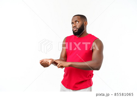 Man using touching on hand, checking heart rate after workout outdoors, copy space Man using touching on hand, checking heart rate after workout outdoors, copy space 85581065