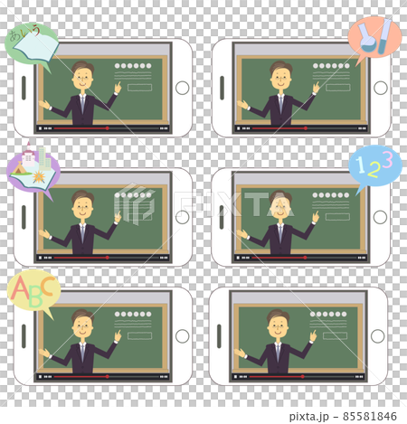 Illustration set for watching online lessons of male teachers on iPhone Five subjects Illustration set for watching online lessons of male teachers on iPhone Five subjects 85581846