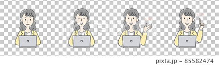手描き風・パソコンを操作する女性のベクターイラスト 85582474