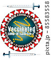 「コロナ・ワクチン接種済」等を日本語・英語併記、注射器イラストとともにロゴマーク化（カラー版） 85583558