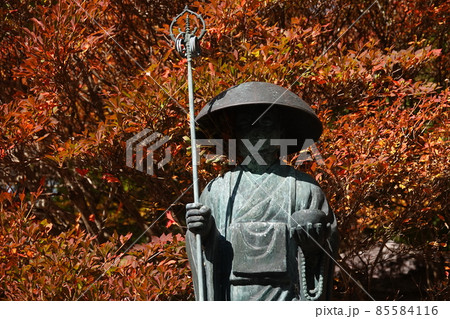 弘法大使像とツツジの紅葉の葉 85584116
