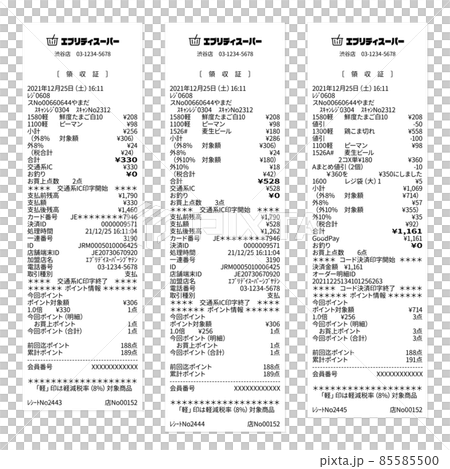 Supermarket realistic dummy receipts A set of mixed variations of reduced tax rates, regular tax rates and discounts 85585500