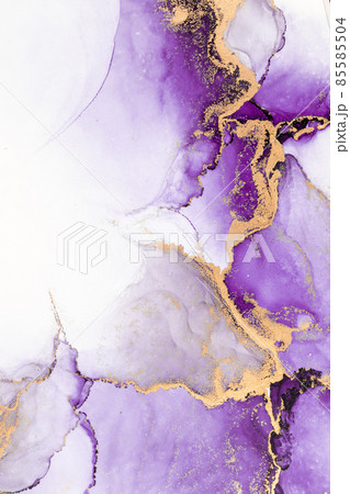 Purple gold abstract background of marble liquid ink art painting on paper . 85585504