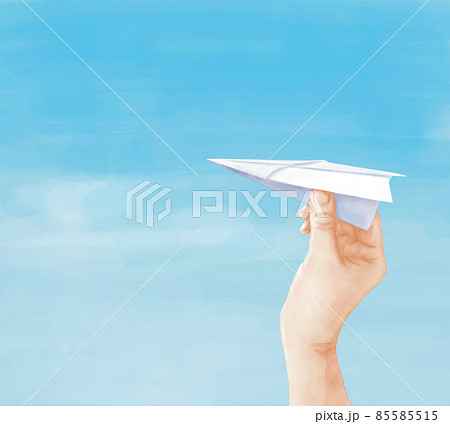 青空に紙飛行機を飛ばす水彩調のイラスト素材（線なし） 85585515