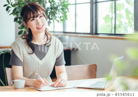 おしゃれ空間で勉強する女性(考える) おしゃれ空間で勉強する女性(考える) 85585611