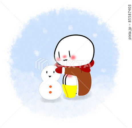 雪が降る中で雪だるまを作るキャラクターのイラスト素材