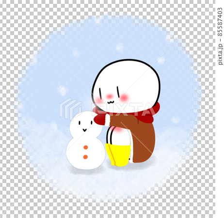 雪が降る中で雪だるまを作るキャラクターのイラスト素材