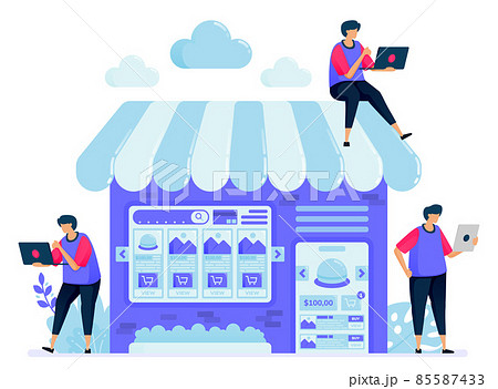Vector illustration for online marketplace with a shop or stall selling booths. Search and compare items in the marketplace. Can be used for landing page, website, web, mobile apps, posters, flyers 85587433