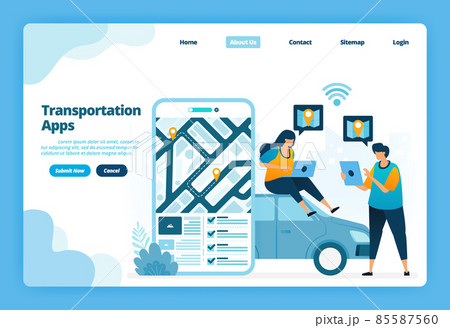 Landing page of transportation apps. Book and rent urban transportation with apps. Illustration of landing page, website, mobile apps, poster, flyer 85587560
