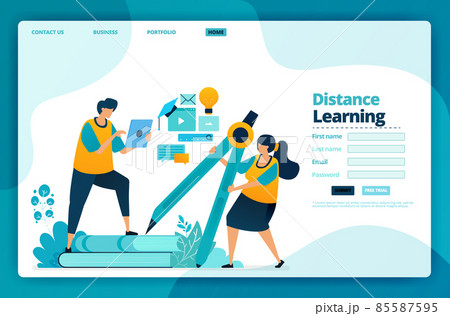 Landing page vector design of distance learning. Design for website, web, banner, mobile apps, poster, brochure, template, billboard, welcome page, promotion, cover, business card, advertisement Landing page vector design of distance learning. Design for website, web, banner, mobile apps, poster, brochure, template, billboard, welcome page, promotion, cover, business card, advertisement 85587595