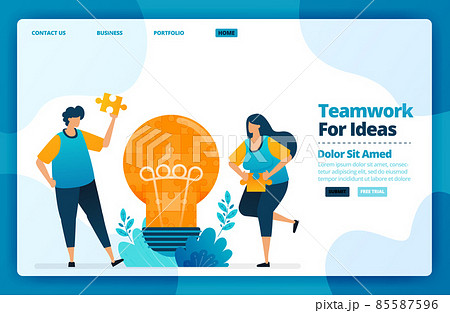 Landing page vector design of teamwork for ideas. Design for website, web, banner, mobile apps, poster, brochure, template, billboard, welcome page, promotion, cover, business card, advertisement Landing page vector design of teamwork for ideas. Design for website, web, banner, mobile apps, poster, brochure, template, billboard, welcome page, promotion, cover, business card, advertisement 85587596