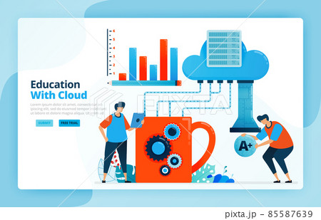 Vector illustration of activities from learning using cloud computing system. Technology 4.0 in education. System database backups and achievement charts. Designed for landing pages, web, mobile apps 85587639