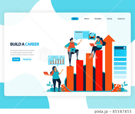 vector landing page of building a career and leadership. chart in achieving business goals. develop mental in work. illustration for web, homepage, web page, web theme, template, flyer, mobile, cards 85587855