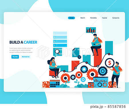 vector landing page of building a career and leadership. chart in achieving business goals. develop mental in work. illustration for web, homepage, web page, web theme, template, flyer, mobile, cards 85587856