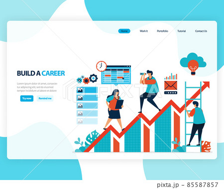 vector landing page of building a career and leadership. chart in achieving business goals. develop mental in work. illustration for web, homepage, web page, web theme, template, flyer, mobile, cards 85587857