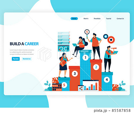vector landing page of building a career and leadership. chart in achieving business goals. develop mental in work. illustration for web, homepage, web page, web theme, template, flyer, mobile, cards 85587858