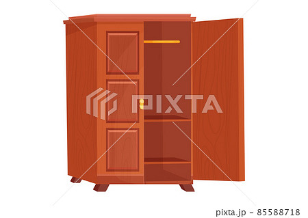 Wooden wardrobe empty furniture with shelf in cartoon style isolated on white background. Cupboard, drawer interior object. Wooden wardrobe empty furniture with shelf in cartoon style isolated on white background. Cupboard, drawer interior object. 85588718