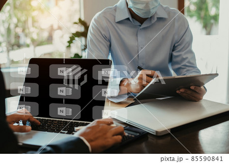 Business meeting account managers crew working search page on computer with new startup project. Idea presentation, analyze plans. Business meeting account managers crew working search page on computer with new startup project. Idea presentation, analyze plans. 85590841