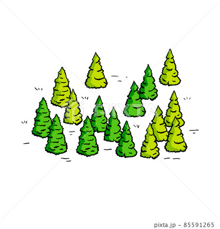 Christmas trees in green forest. Summer Natural landscape for retro maps in engraving style. Hand drawn outline cartoon illustration Christmas trees in green forest. Summer Natural landscape for retro maps in engraving style. Hand drawn outline cartoon illustration 85591265