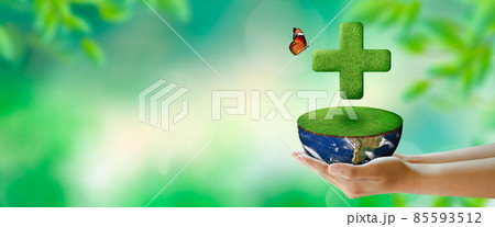 Human hand holding Grass medical cross over half world with grass on. Green background. Healthcare, World health day, World environment day, and Sustain earth Concept. This Elements furnished by NASA. Human hand holding Grass medical cross over half world with grass on. Green background. Healthcare, World health day, World environment day, and Sustain earth Concept. This Elements furnished by NASA. 85593512