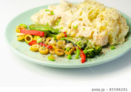 Tender pieces of smoked haddock and pollock in a creamy cheese sauce sat beneath buttery mash served with vegetables Tender pieces of smoked haddock and pollock in a creamy cheese sauce sat beneath buttery mash served with vegetables 85596291
