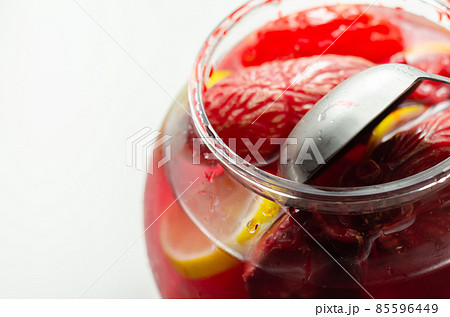 Punch prepared for Halloween party with decorative elements stylized as human organs Punch prepared for Halloween party with decorative elements stylized as human organs 85596449
