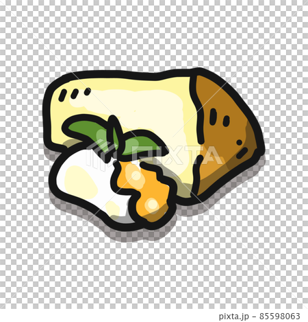 カットされたふわふわのシフォンケーキのイラスト。生クリームとマーマレードジャムが添えられています。 カットされたふわふわのシフォンケーキのイラスト。生クリームとマーマレードジャムが添えられています。 85598063