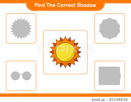 Find the correct shadow. Find and match the correct shadow of Sun. Educational children game, printable worksheet, vector illustration 85598636