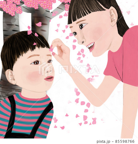 桜と母子　散る花びら　白背景 85598766