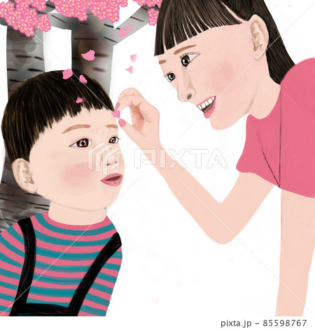 桜と母子　白背景 85598767