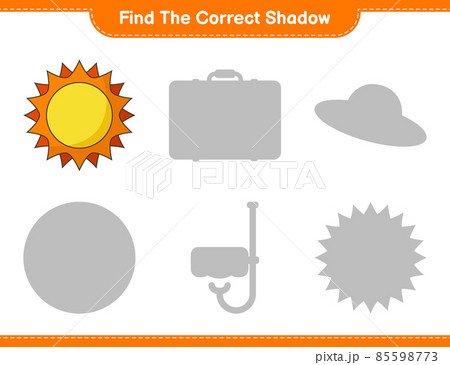 Find the correct shadow. Find and match the correct shadow of Sun. Educational children game, printable worksheet, vector illustration Find the correct shadow. Find and match the correct shadow of Sun. Educational children game, printable worksheet, vector illustration 85598773
