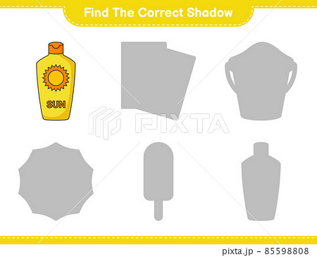 Find the correct shadow. Find and match the correct shadow of Sunscreen. Educational children game, printable worksheet, vector illustration Find the correct shadow. Find and match the correct shadow of Sunscreen. Educational children game, printable worksheet, vector illustration 85598808