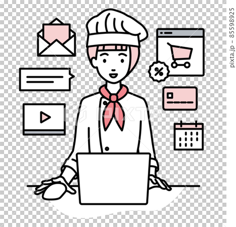 A cook woman sitting at a desk and doing an online shop or marketing job on a PC 85598925