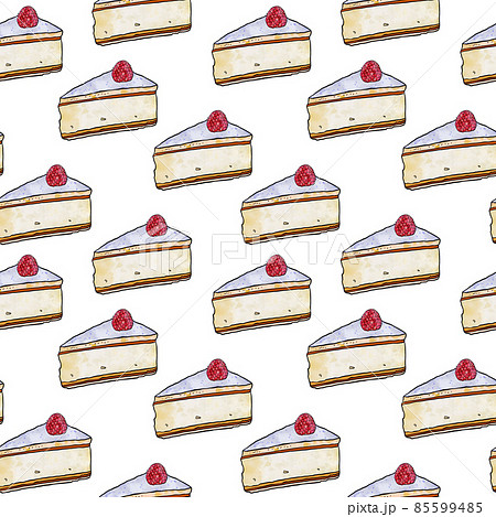 Illustration raster seamless pattern piece of cake souffle yellow color decorated with berry on 85599485