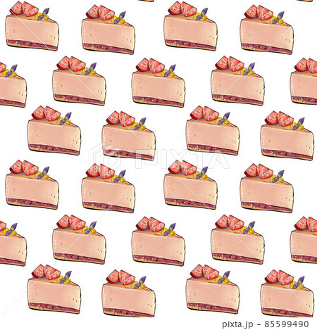 Illustration raster seamless pattern piece of cake souffle orange color decorated with berry on Illustration raster seamless pattern piece of cake souffle orange color decorated with berry on 85599490