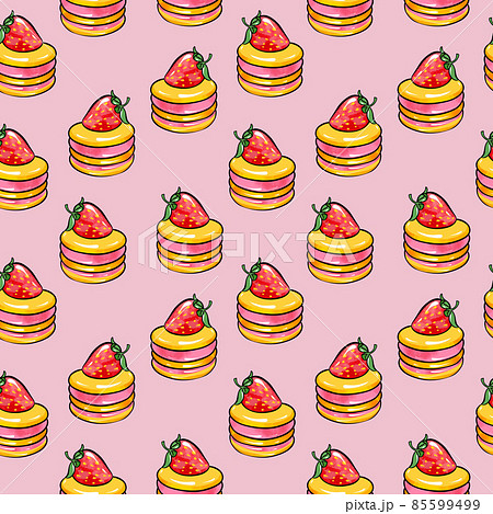 Illustration raster seamless pattern round yellow.red color cake decorated with strawberries on a 85599499