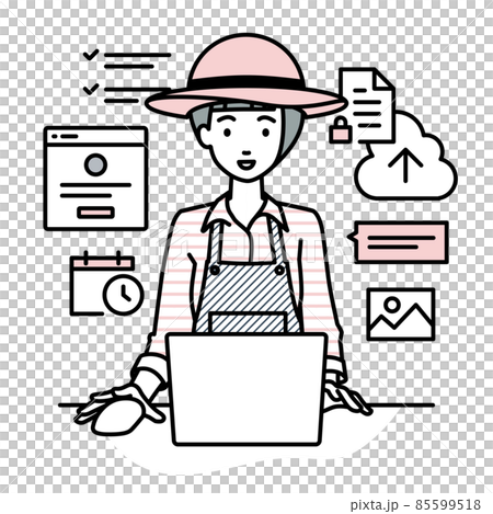 一位農婦坐在辦公桌前，在 PC 上做網上商店或營銷工作 85599518