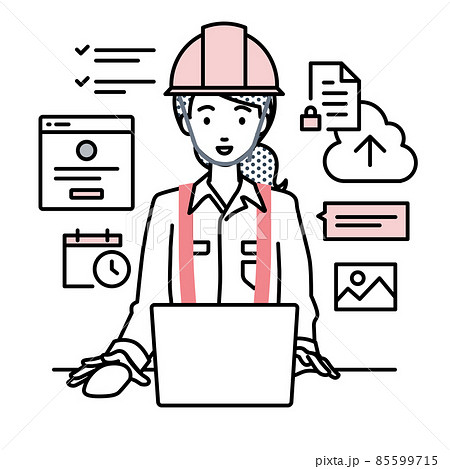 デスクで座ってPCでプロジェクトやタスクの管理の仕事をしている工事現場の女性 デスクで座ってPCでプロジェクトやタスクの管理の仕事をしている工事現場の女性 85599715