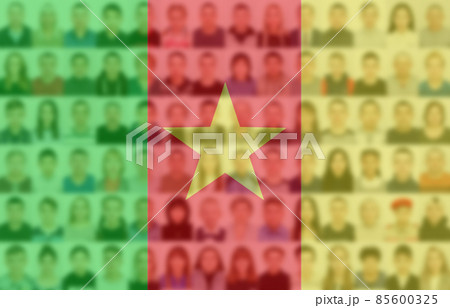 Portraits of many people on the background of the flag of Cameroon. The concept of the population and demographic state of the country Portraits of many people on the background of the flag of Cameroon. The concept of the population and demographic state of the country 85600325