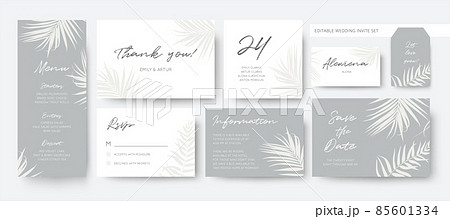 Vector, classy wedding stationery, business card template set. Editable menu, rsvp, thank you, details, label, save the date, place card set. Editable gray and white palm leaves, foliage border, frame 85601334