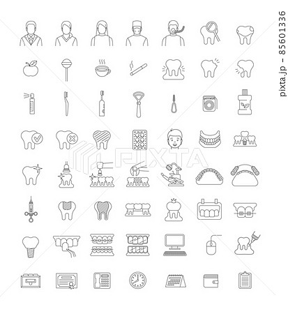 Dentistry icons. Thin line vector signs of dental clinic services. Oral health care concepts. Mouth hygiene, dental implants, surgery, orthodontic. Dentist office staff. Teeth diseases and treatment. Dentistry icons. Thin line vector signs of dental clinic services. Oral health care concepts. Mouth hygiene, dental implants, surgery, orthodontic. Dentist office staff. Teeth diseases and treatment. 85601336