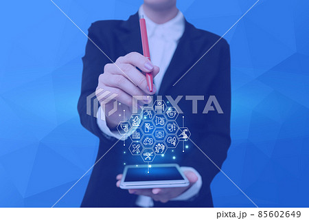 Lady Pressing Screen Of Mobile Phone Showing The Futuristic Technology. Palm Tapping Cell Phone Inside Room Presenting Modern Automation. Lady Pressing Screen Of Mobile Phone Showing The Futuristic Technology. Palm Tapping Cell Phone Inside Room Presenting Modern Automation. 85602649