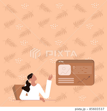 Line Drawing For Lady Sitting Presenting New Ideas With Web Browser Screen. Woman Sitting Office Displaying New Ideas With Conversation Balloon. 85603537
