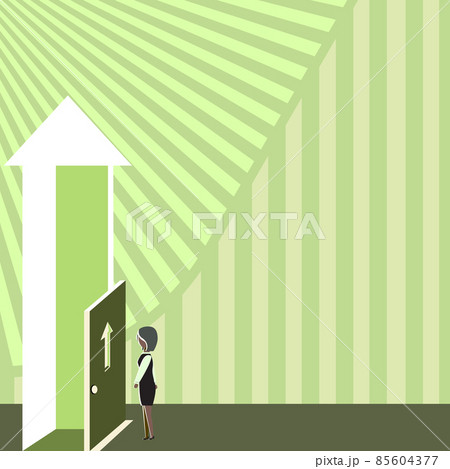 Lady Standing Front Of Door Opening New Opportunities For Success. Business Woman Placing Forward Toward Entrance For Recent Advance In Career. 85604377
