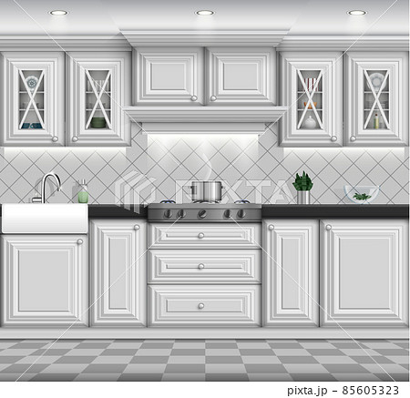 White traditional classic kitchen interior design. Vector illustration, eps10	 85605323