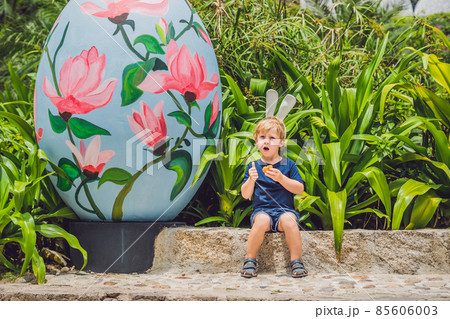 Cute little kid boy with bunny ears having fun with traditional Easter eggs hunt, outdoors. Celebrating Easter holiday. Toddler finding, colorful eggs Cute little kid boy with bunny ears having fun with traditional Easter eggs hunt, outdoors. Celebrating Easter holiday. Toddler finding, colorful eggs 85606003