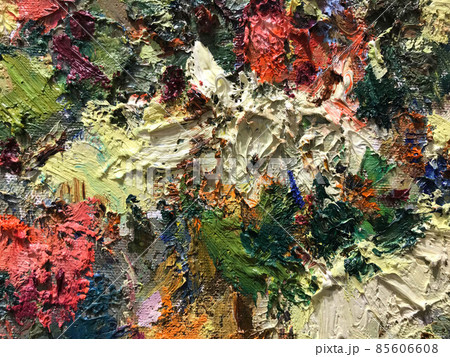 Textured background of multi-layer flaking paint on the wall. Mixing different colors of paints in the cleaved layers on the surface. Grunge texture with a deep pattern 85606608
