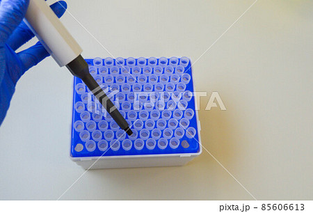 A scientist in a medical laboratory with a dispenser in his hands is doing an analysis 85606613