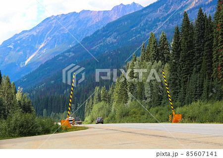 Road barriers on a mountainous road in summer Road barriers on a mountainous road in summer 85607141